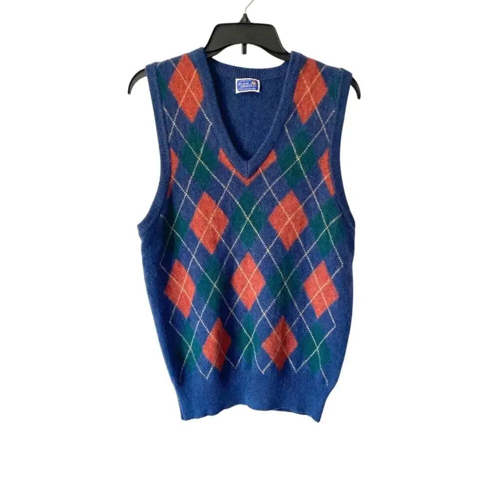 Vintage Royal Ballater Made in Scotland Blue Cahsmere Argyle Vest size 40